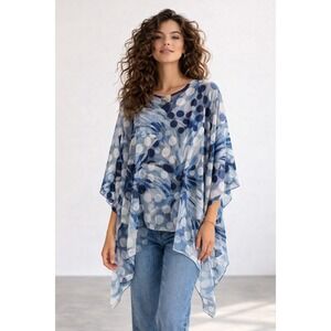 Compli K Blue Polka Dot Floral Mesh Poncho Kaftan Topper One Size O/S